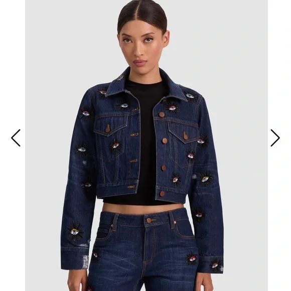 👁✨ Alice + Olivia Embellished Eye Cropped Denim Jacket NWOT✨👁 - Picture 2 of 10